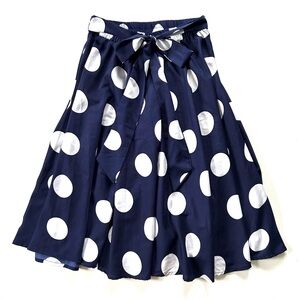Mix Nouveau Navy Blue & White Polka Dot Printed A-Line Tie Waist Skirt